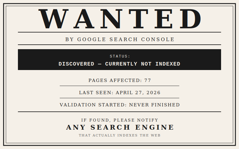 Wanted poster: Discovered — Currently Not Indexed, by Google Search Console